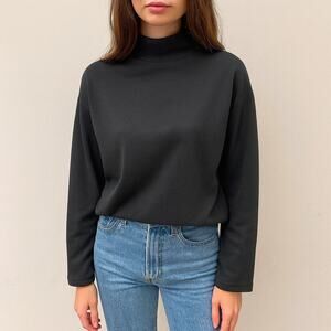 Eileen Fisher SZ XS Stretch Jersey Knit Mock Neck Top In Black